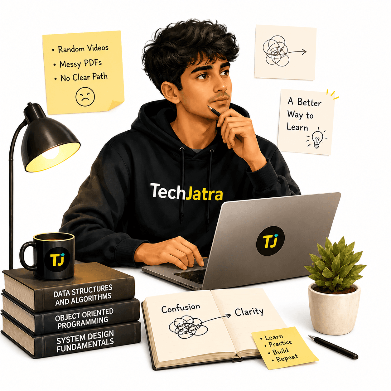 TechJatra creator at a study desk — from scattered learning to clarity, surrounded by books, notes, and the TechJatra brand.